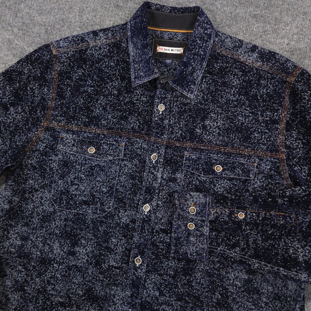 32 Bar Blues Mr. Night Time Shirt Mens L Blue Woven Flocked Cotton Long Sleeve